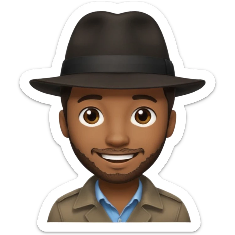 Black photographer wearing black fedora, short naturally messy dark brown hair, stubble, smiling sticker