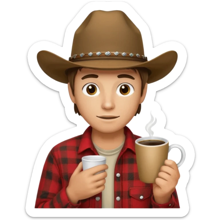 generate an ios genmoji of a 20 year old tan boy with a cowboy hat and side burns. Wearing a flannel and carrying a coffee mug sticker