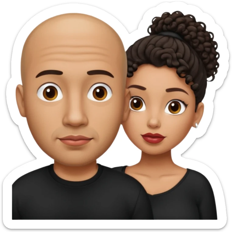 A picture of a tanned couple. the man is a Mexican man with tanned skin, a bald hair cut, short shaved beard and wearing a black shirt. the woman is mixed, with curly medium length hair in a pony tail, with big boobs and lips  sticker