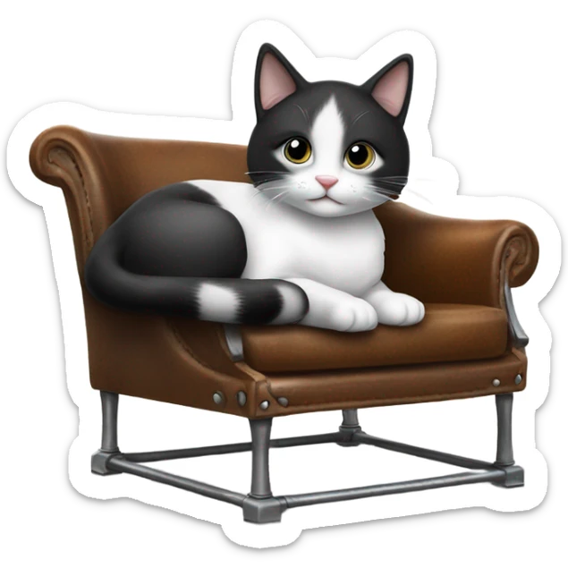 cute black and white cat laying on a big leather and metal chair  sticker