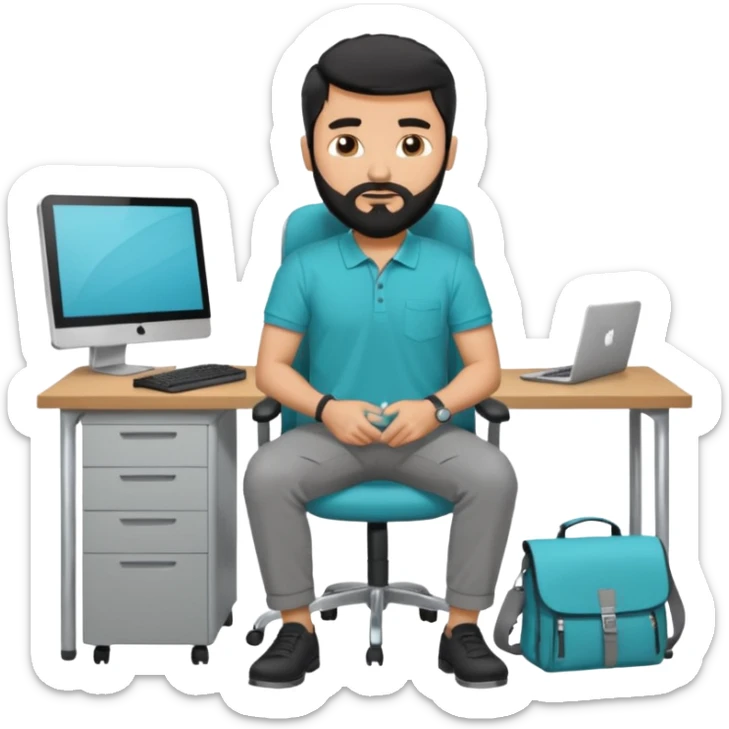 man with blackshot male hair and black hair and beard and hes in a office with his grey backpack on the floor and he has a tourquos polo shirt with backpack on floor on desk computer and grey pants sticker