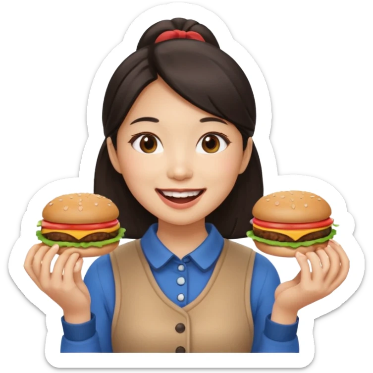 create a humongous asian girl with 2 burgers and a cookie in her mouth sticker