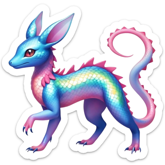 Colorful Iridescent Exotic Amaura-Salandit-Aurorus-Sylveon-Fakémon-hybrid-creature (full body)  sticker