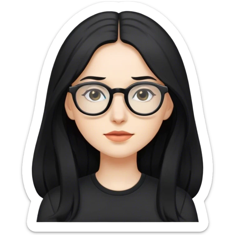 pale woman with long black hair, wearing glasses and black shirt sticker