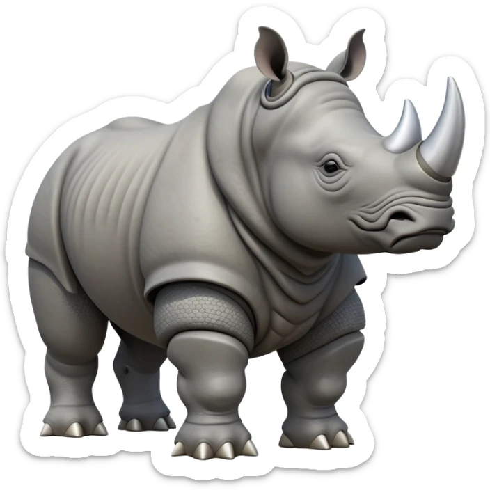 cinematic-rhino-full-body-standing-emoji,-massive-armored-body-poised-powerfully,-thick-horn-curving-slightly-forward,-head-tilted-dramatically,-rough-grey-hide-covered-in-dust,-simplified-focused-features sticker