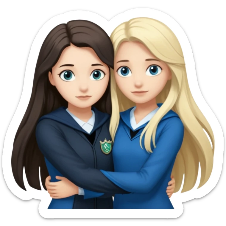 a pretty ravenclaw girl with long dark brown hair and blue eyes standing with a hot Slytherin girl with long blonde hair, blue eyes sticker