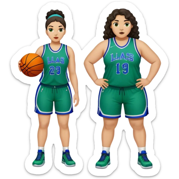 full body plus size light skin latino women basketball player with wavy dark hair large widenose wearing blue and green uniform sticker