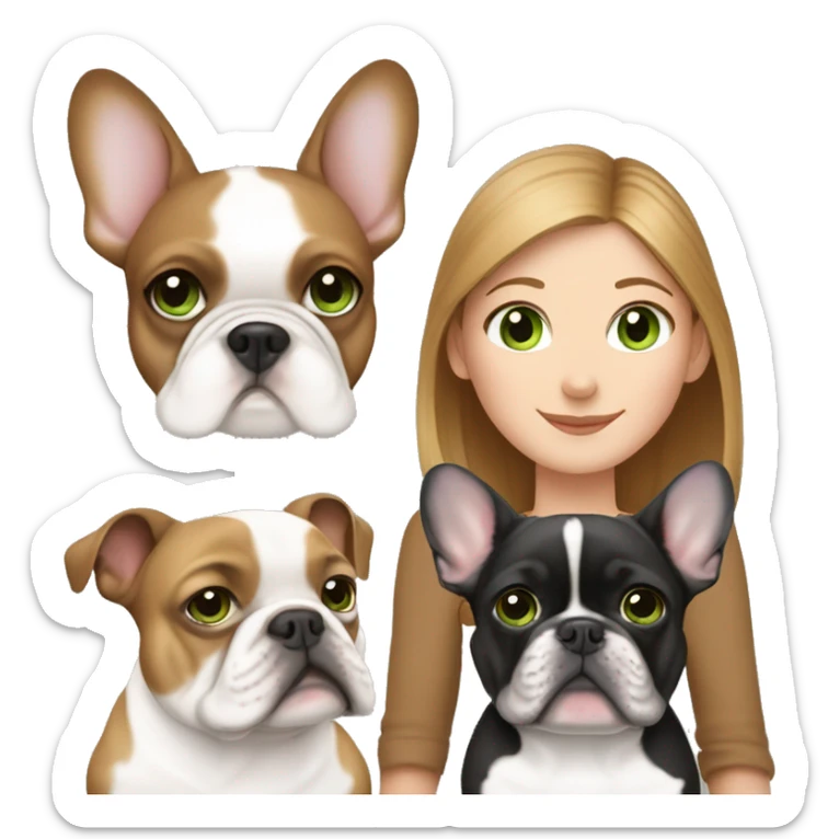 Mom with light brown hair and green eyes, daughter with light brown hair and blue eyes, white French bulldog with black  sticker