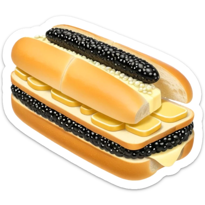 Apple style 3D emoji of a luxurious black caviar sandwich. A thick slice of fresh white baguette with a generous layer of creamy yellow butter, topped with a mountain of glistening, shiny black sturgeon caviar. premium aesthetic. sticker