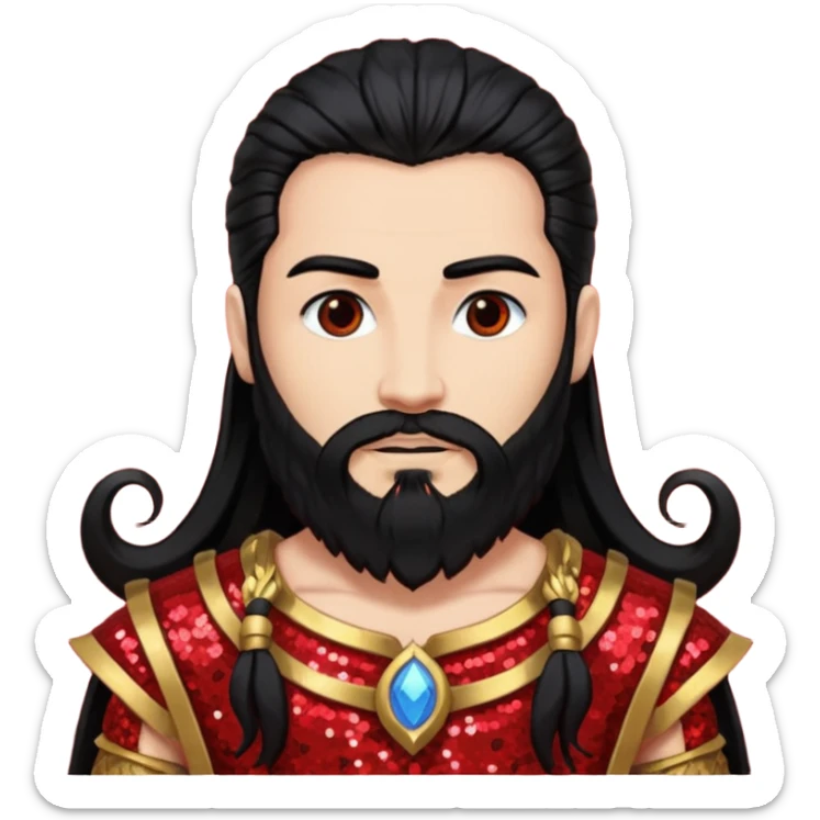 Mars, God of War from Gods and Goddesses with long black hair and beard, red and black sequin outfit, light tan skin sticker