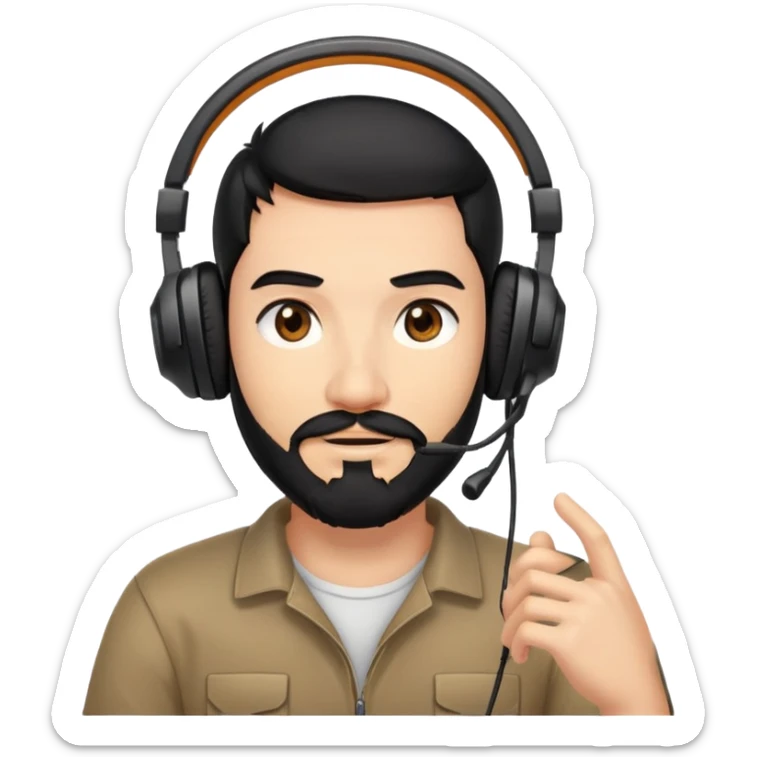 A person with black hair, brown eyes, and a black beard wearing a gaming headset with a thankful expression sticker