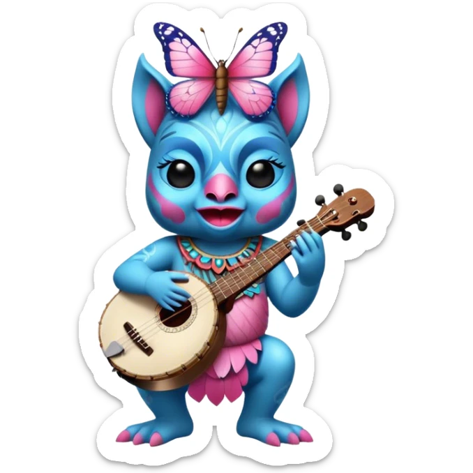 Pixar style little Blue and pink tiki singing with a butterfly and playing a banjo, ultra detailed and lifelike imagery, realistic sticker