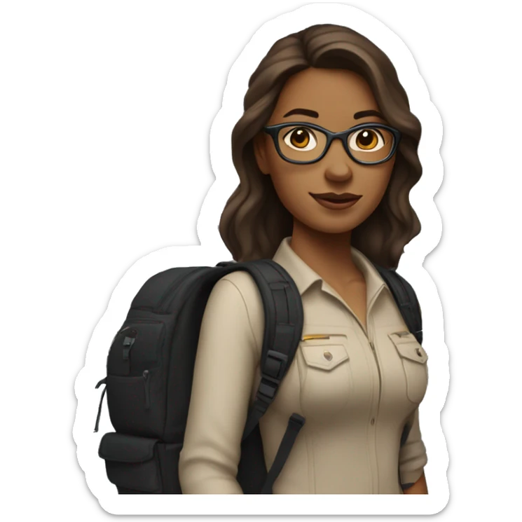 A Woman with Long Brown Hair, dark Glases, light Brown Skin with a black Backpack and in the Background a Aircraft  sticker