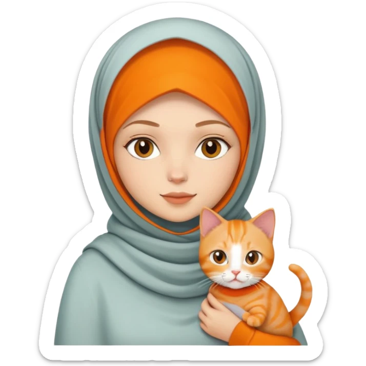 White girl wearing hijab holding orange shorthair cat sticker