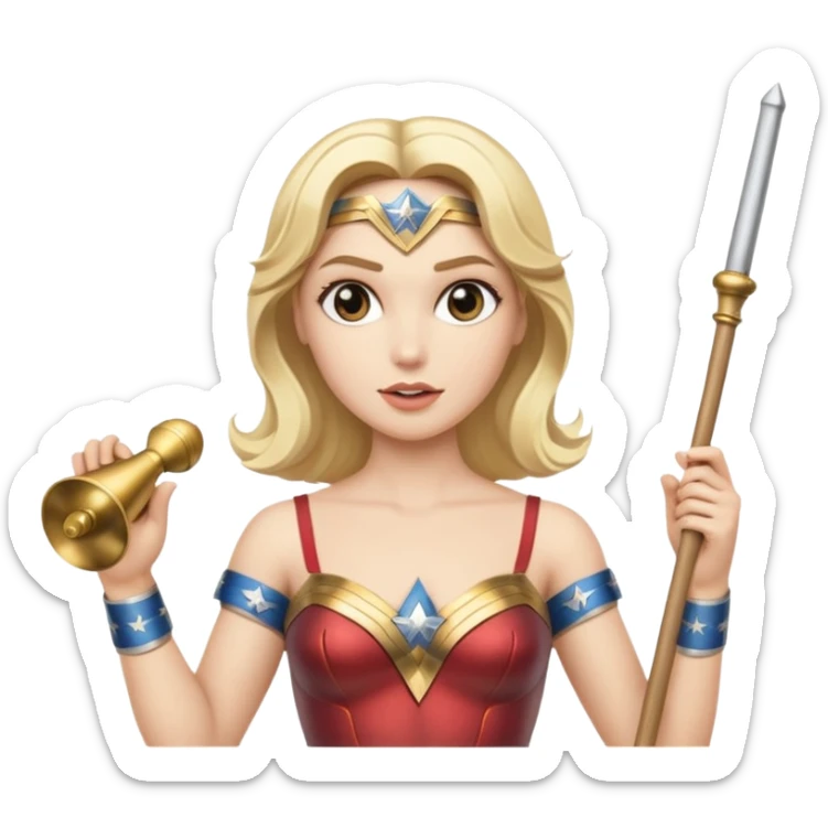 Blonde Wonder Woman holding white orchestra conductor’s baton and bell sticker