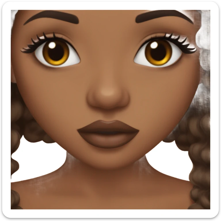 Light brown skin girl, long curly dark brown hair, brown lip liner with glossy lips, and long lashes sticker