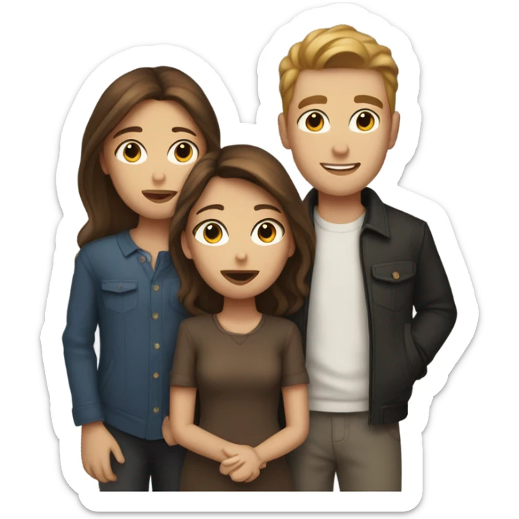three white people with brown hair two male one female all kissing sticker