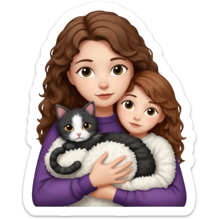 A pretty white girl with hazel brown eyes and brown wavy hair in a cosy white knit sweater, hugging a black and white cat sticker