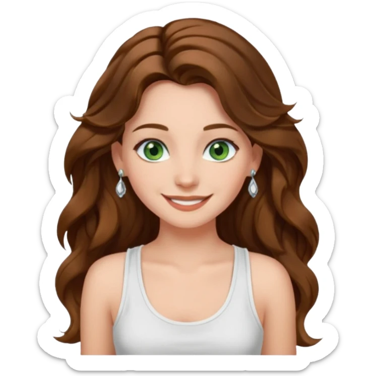 A girl with long brown wavy  hair, green eyes, and a white tank top; she doesn't have bangs. she wear a lot of silver jewerly  sticker