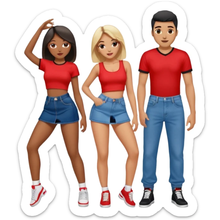 Couple dancing with girl in front twerking girl wearing denim mini skirt with a red crop top guy wearing black jersey with denim baggy pant sticker