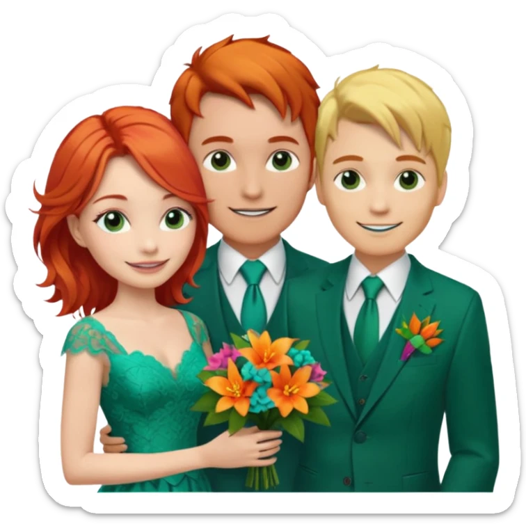  The man, with red hair, wears a dark green suit with a green tie and an orange boutonnière. The woman, with blonde hair, wears a turquoise ballgown with lace details and holds a colorful tropical bouquet. They smile at each other.  sticker