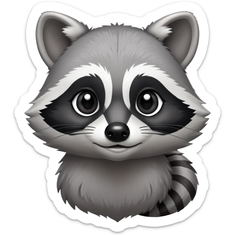 Cinematic-Noble-Raccoon-Portrait-Emoji – Poised and confident, with a sturdy build and a beautifully textured fur of silver-grey accented by dark black facial markings, deep-set, cute big black eyes, simplified yet sharp and sophisticated zoom out to show shoulders sticker