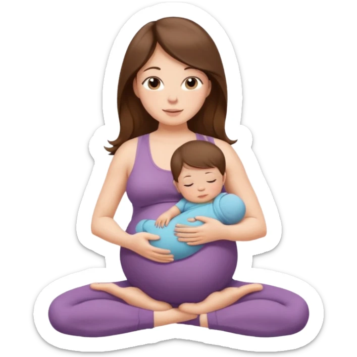 "Pregnant woman sitting in a yoga pose with long brown hair and fair skin, holding a newborn baby with short brown hair and fair skin." sticker