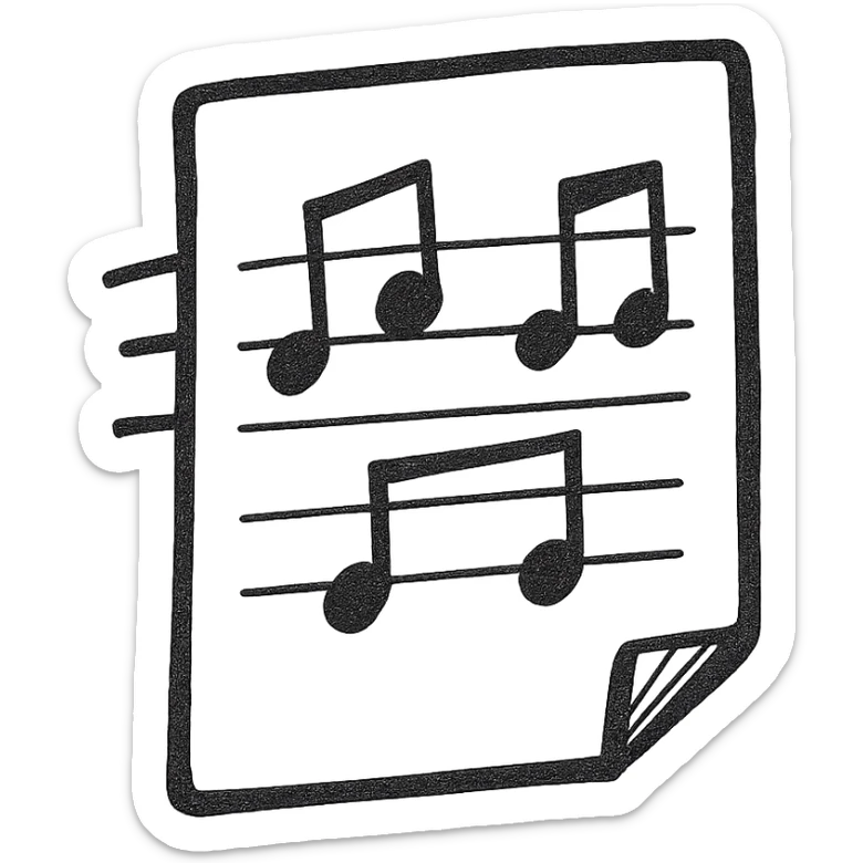 Sheet music icon, hand drawn, black outlines, no fill, simple and clean, top view sticker