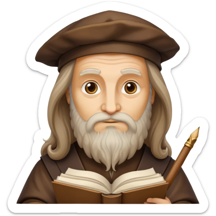 cinematic-realistic-leonardo-da-vinci-portrait-emoji,-depicted-as-the-quintessential-renaissance-polymath-with-deep,-thoughtful-eyes,-a-flowing-beard,-and-a-quill-or-sketchbook-in-hand.-the-scene-is-illuminated-with-warm,-classical-light sticker