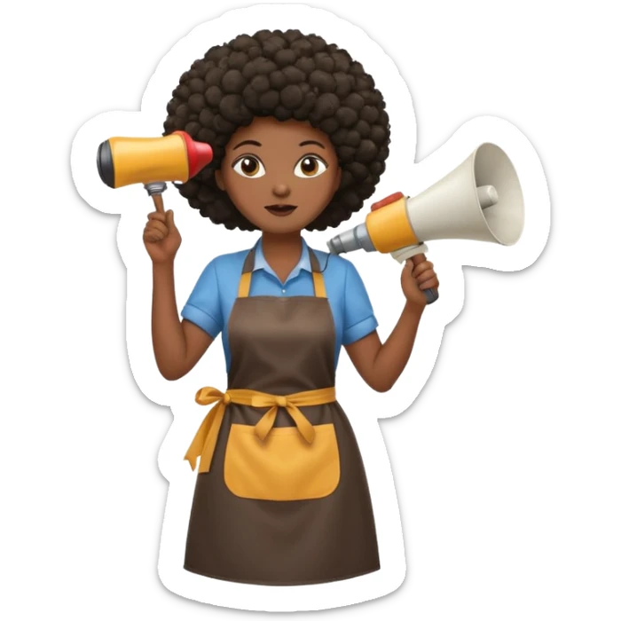 Mujer curvy afro, con vestimenta cómoda y delantal, y un megáfono en la mano sticker