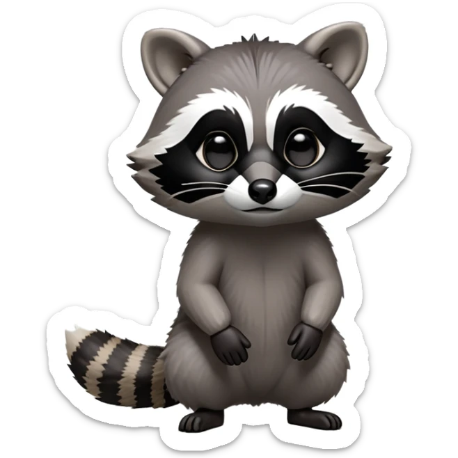 Cinematic-cute Raccoon-Realistic-hunched Full-Body on all fours-Emoji – Tail flicking lazily, head tilted dramatically, thick grey fur with a signature black mask, sharp and alert ears, simplified yet realistic focused features, highly detailed, glowing with an almost sarcastic glow. big black eyes sticker