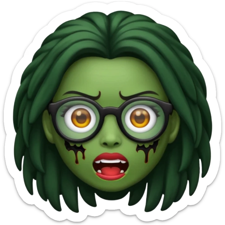 crie um emoji de zumbi feminino, com pele verde, óculos preto e cabelos pretos longos sticker