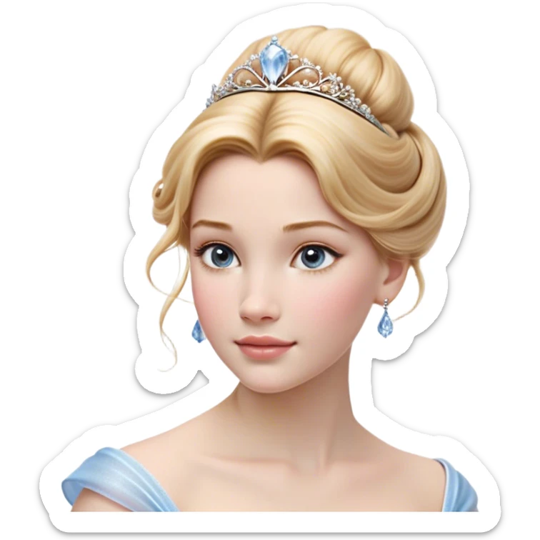 Cinematic Realistic Cinderella Portrait, depicted with lifelike skin texture, subtle rosy undertones, and soft natural lighting that enhances the gentle contours of her face. Her intricately detailed golden blonde hair is elegantly styled in an updo, with delicate wisps framing her face for added realism. Her deep, expressive blue eyes radiate warmth and sincerity, reflecting a quiet resilience and grace. She is dressed in her iconic ball gown, the fabric shimmering with intricate embroidery and fine translucent layers that catch the light beautifully. The soft sheen of satin gloves and the delicate sparkle of a glass-like slipper peeking from beneath her dress add a touch of magical realism. The portrait features an enchanting glow with a natural, luminous finish, seamlessly blending realism and fairytale charm to evoke a sense of depth, elegance, and timeless beauty. sticker