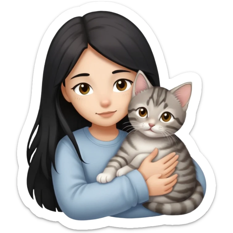 girl with black long hair, light-medium skin, brown eyes snuggling light grey tabby kitten sticker