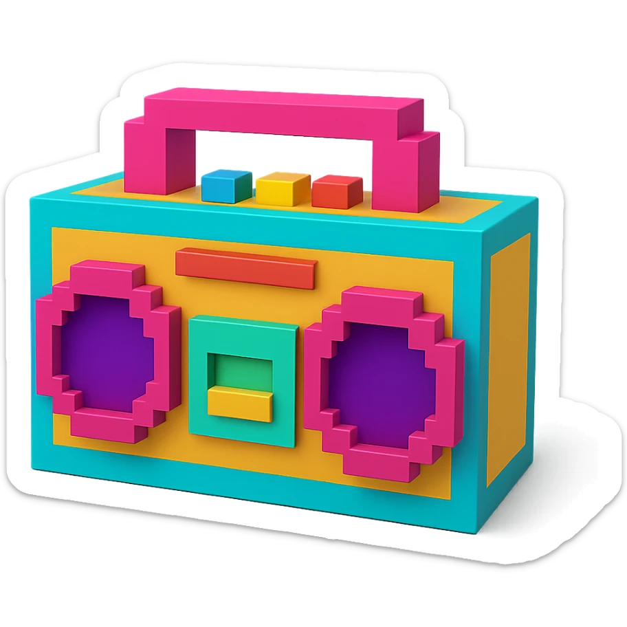 A boombox in voxel style, front view sticker