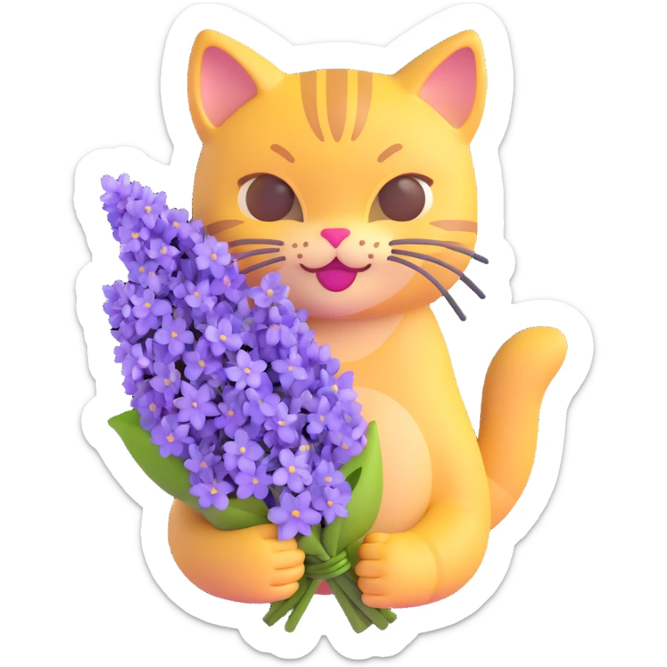 cat holding a bouquet of purple lilac flowers in hand, 3d emoji style sticker