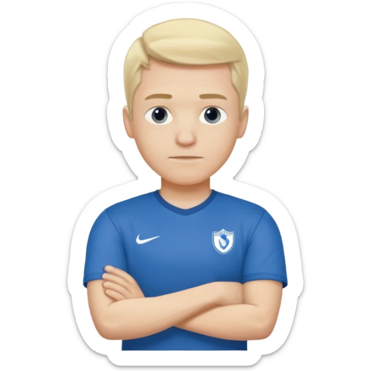 Pale blond man in blue football t shirt crossed arms from cold sticker