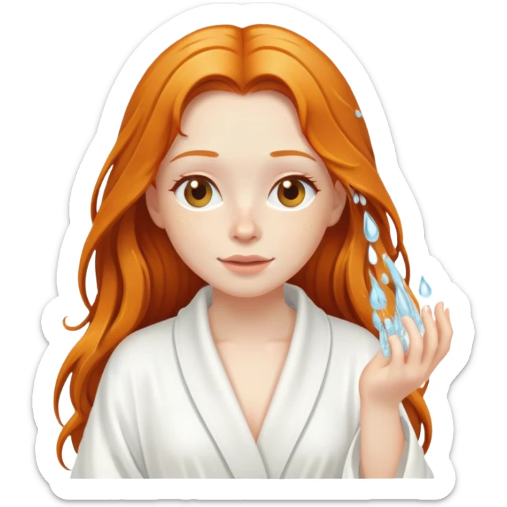 Ginger girl in white robe long wet hair relaxing shower skin care sticker
