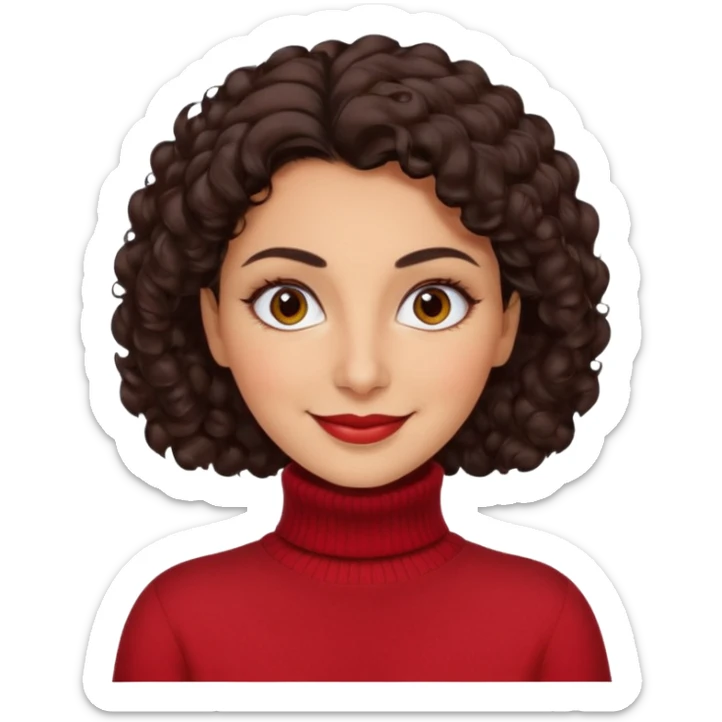 30 yr iranian woman dark brown hair curly wavy short hair, red turtle neck sweater, thick eyebrows sticker