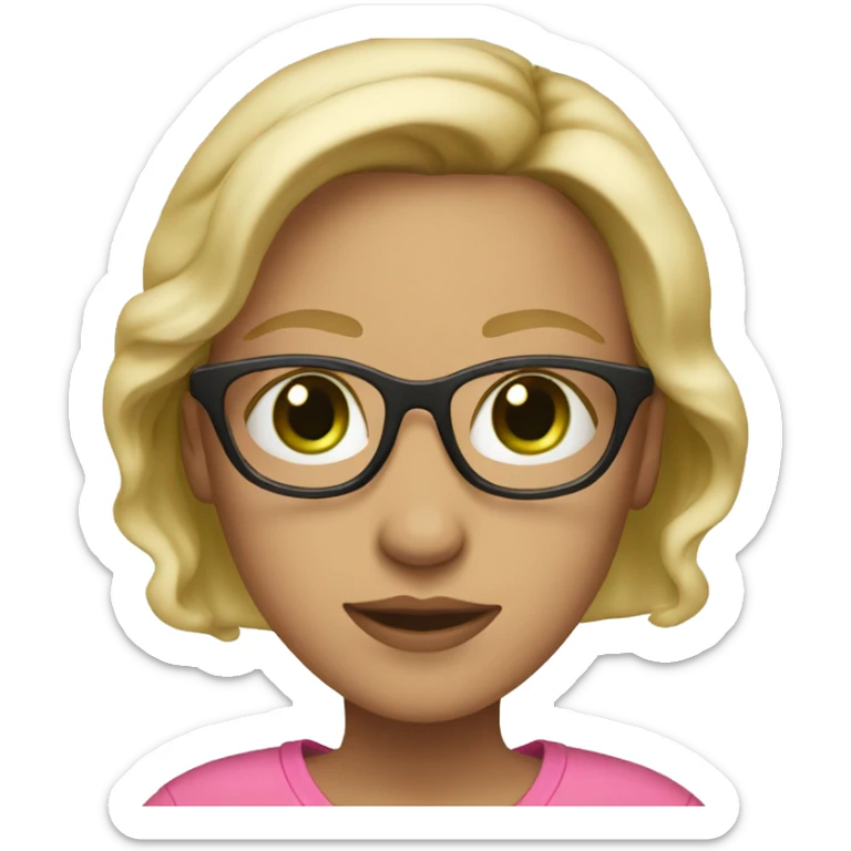female, blonde, black rimmed glasses, green eyes, pink shirt, light skin sticker