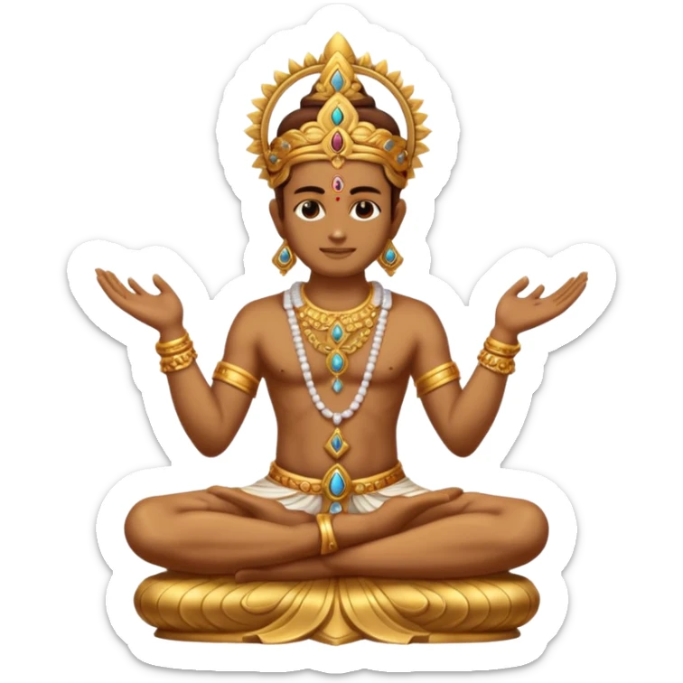 a golden statue of a Hindu deity seated in a cross legged posture with one hand in a blessing gesture, adorned with ornate jewelry�. The figure sits on a decorated pedestal, radiating a sacred and traditional aura�. sticker