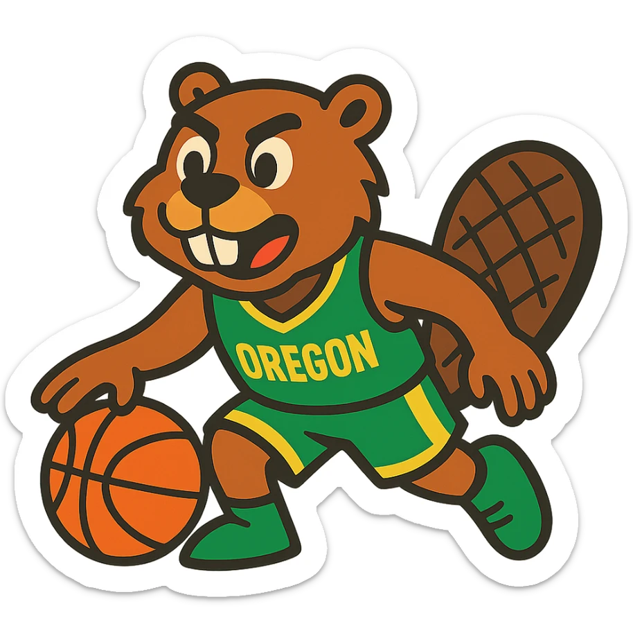 beaver mascot dribbling a basketball, Oregon team uniform green and yellow, vibrant toon style sticker
