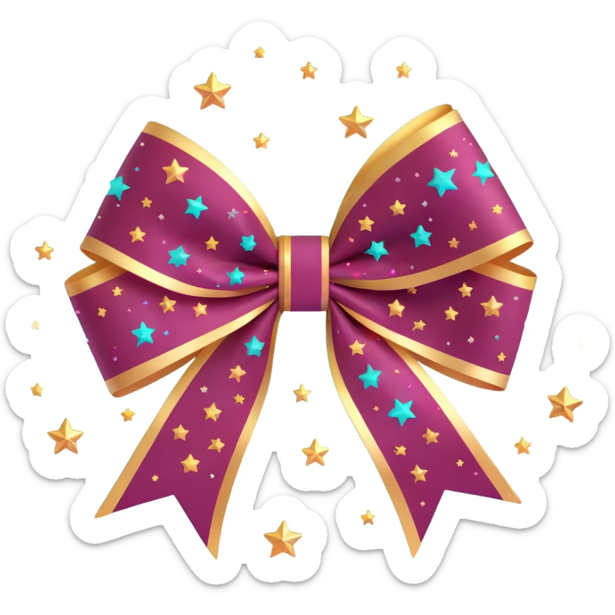 sparkly burgundy bow with gold outline and stars, holographic shimmer effect sticker