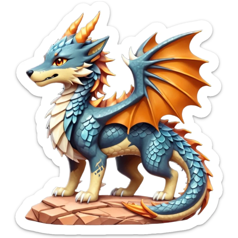 Majestic wolf-like dragon with red sandstone scales and layered plates resembling canyon rock formations. Crystallized mineral mane with copper and gold hues runs down its neck and back. Obsidian claws, amber eyes, and a tail of stone spires. Pokémon style. sticker