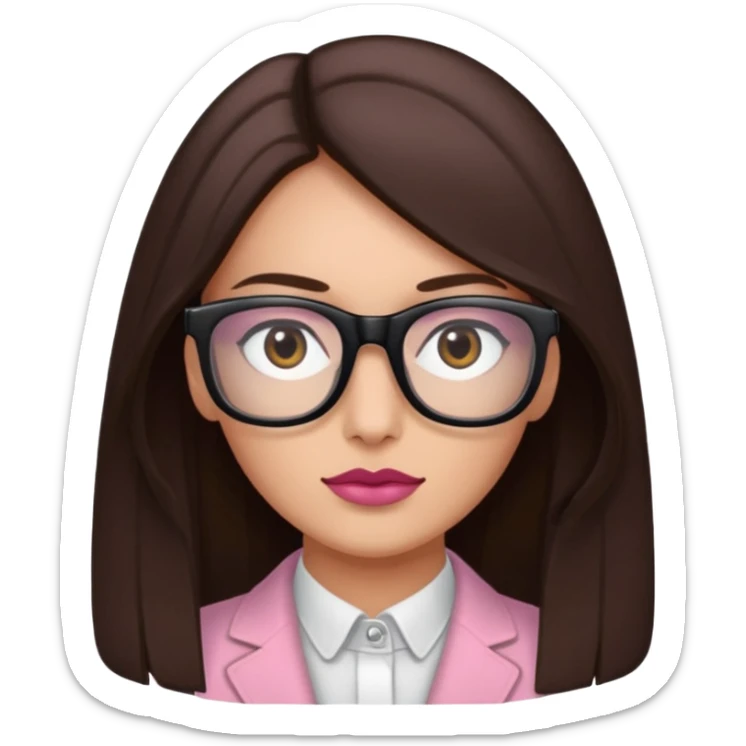 une ado, brune aux cheuveux tres fonces longs lisses blanche, ,lunettes carres/ rectanglesnoires, yeux bruns joues rose, haut noir sticker