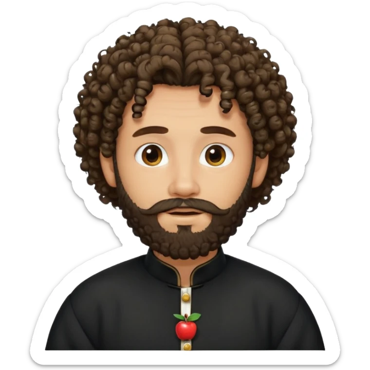 emoji-style portrait of a bearded man with curly hair, wearing a black traditional outfit, friendly and expressive face, round features, simple bold look, apple style sticker