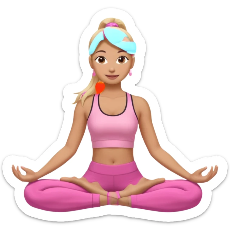 Mujer color de piel moreno claro con cabello rubio suelto y lacio y largo, que tenga gloss en los labios y se vea usando Blush rosita, usando un top rosa deportivo y leggins deportivo rosa en una pose de yoga sentada, viendo hacia enfrente con ojos negros y sonriendo sin mostrar los dientes sticker