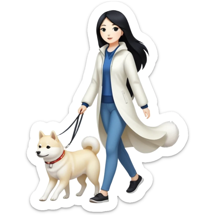 A woman with long black hair walks a white Shiba Inu sticker