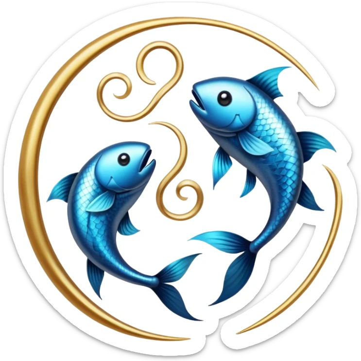 The zodiac symbol Pisces. Two fish in a “yin-yang” formation. One fish’s head is facing the other fish’s tail, and vice versa forming a hoop sticker