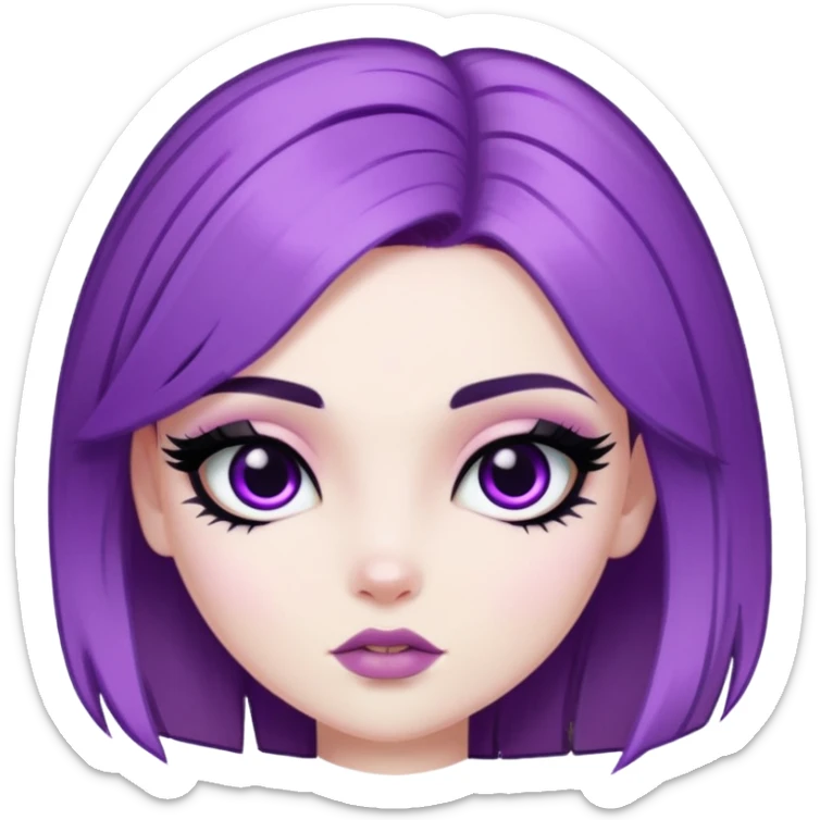 purple hair, pale skin, dark black eyes, pretty bratz baddie, black eyeliner, blush sticker